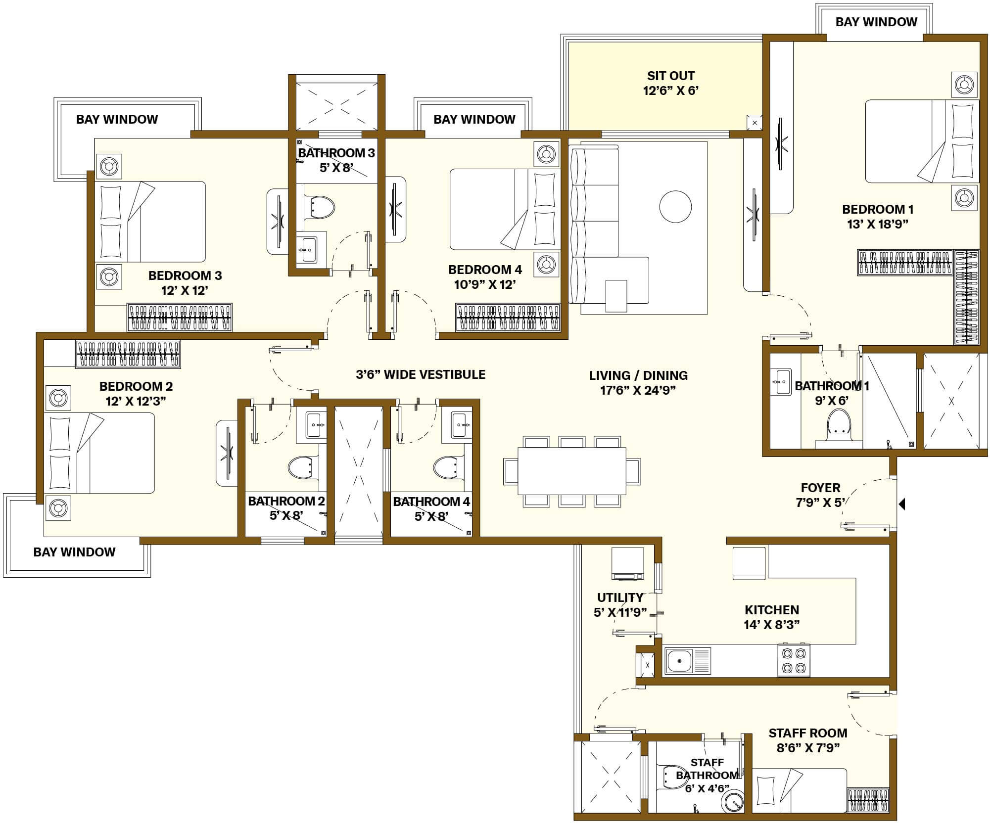 4 BHK Floor Plan Layout