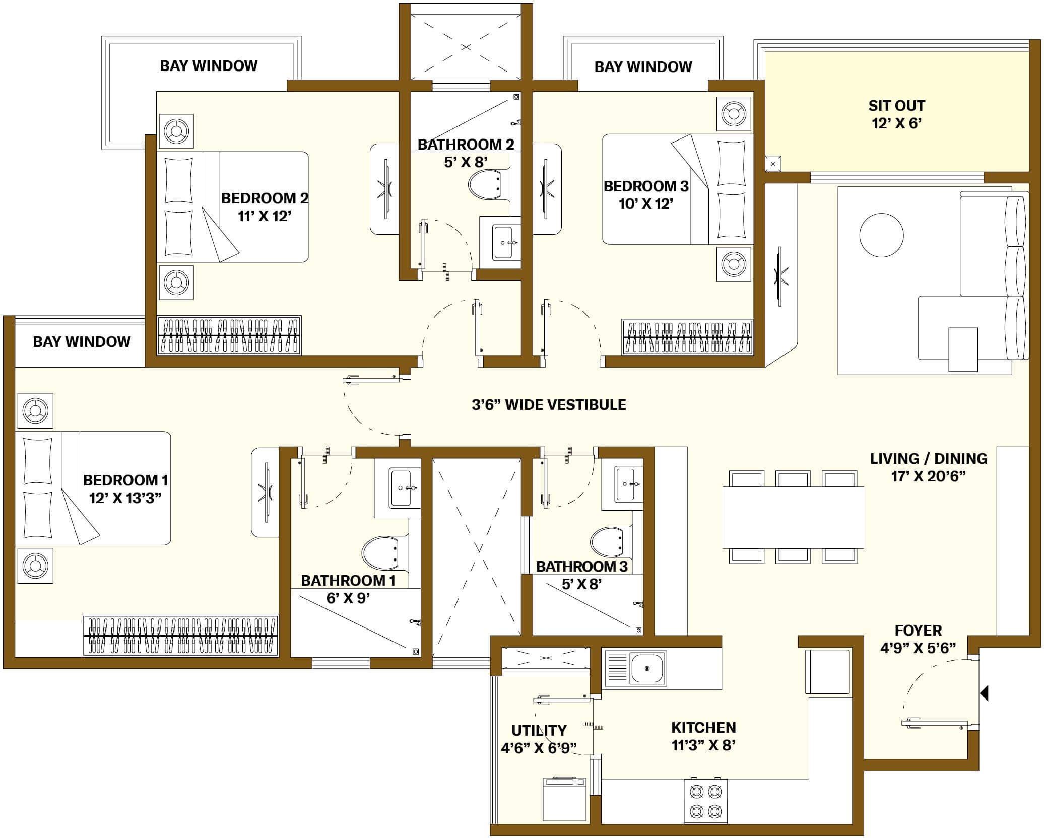 3 BHK Floor Plan Layout