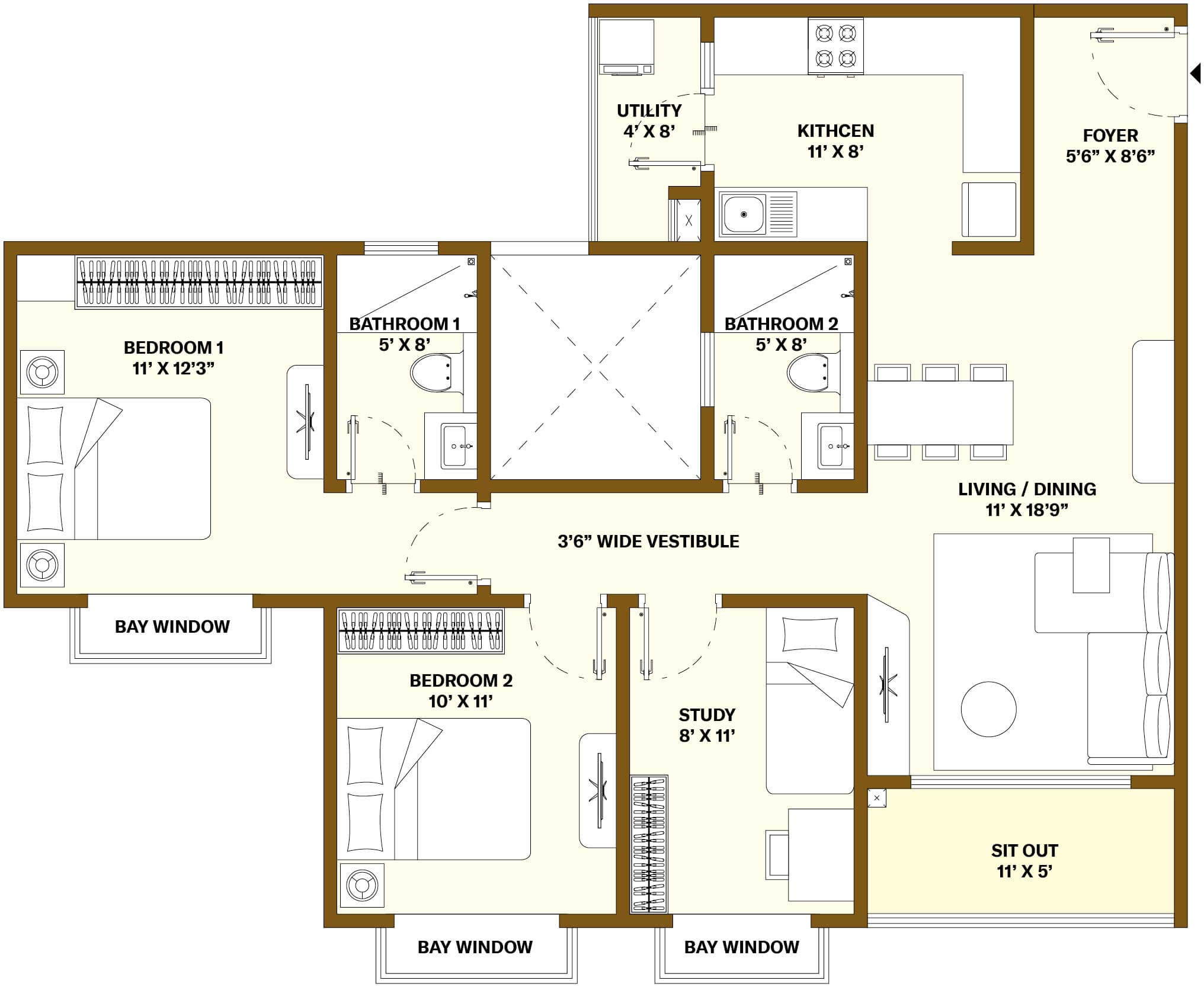 2.5 BHK Floor Plan Layout