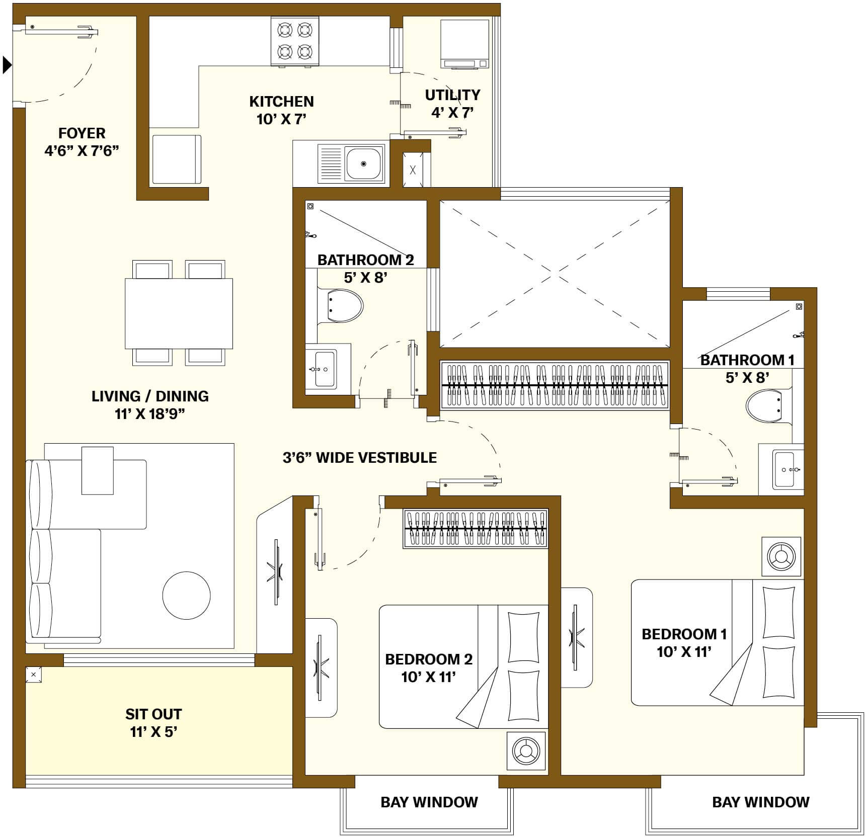 2 BHK Floor Plan Layout